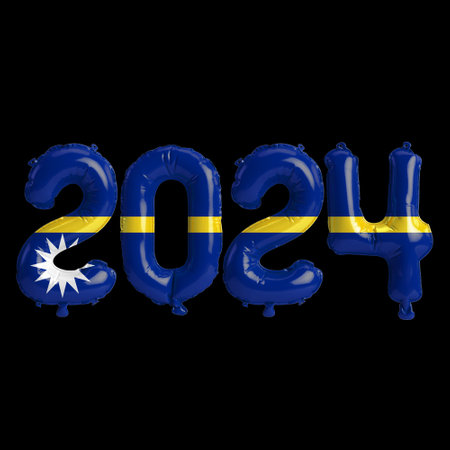 3d illustration of letter about new year 2024 with balloons on color Nauru flagの写真素材