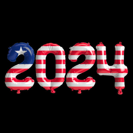 3d illustration of letter about new year 2024 with balloons on color Liberia flagの写真素材
