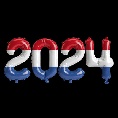 3d illustration of letter about new year 2024 with balloons on color Netherlands flagの写真素材