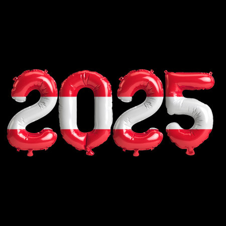 3D illustration of new year 2025 balloons on Austria flag color, isolated on black background