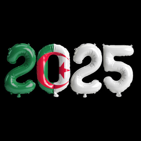 3D illustration of new year 2025 balloons on Algeria flag color, isolated on black background