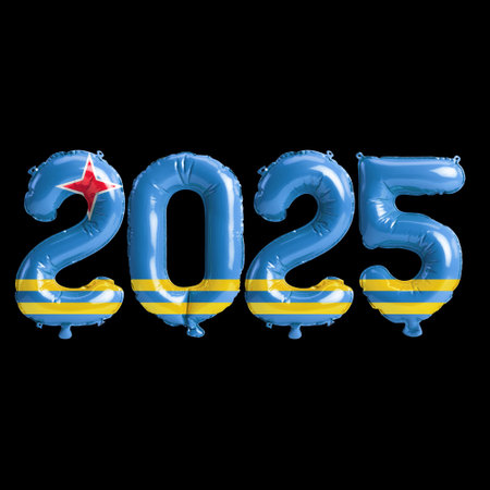 3D illustration of new year 2025 balloons on Aruba flag color, isolated on black background