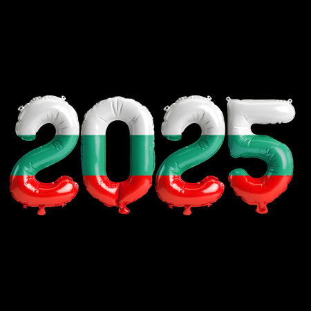 3D illustration of new year 2025 balloons on Bulgaria flag color, isolated on black backgroundの写真素材