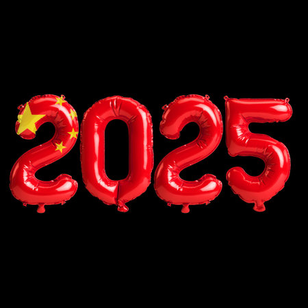 3D illustration of new year 2025 balloons on China flag color, isolated on black background