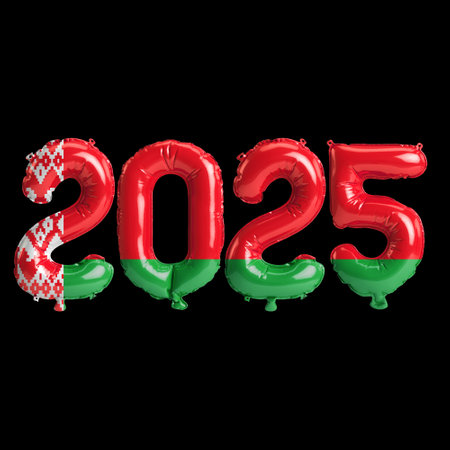 3D illustration of new year 2025 balloons on Belarus flag color, isolated on black backgroundの写真素材