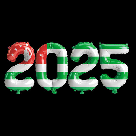 3D illustration of new year 2025 balloons on Abkhazia flag color, isolated on black backgroundの写真素材