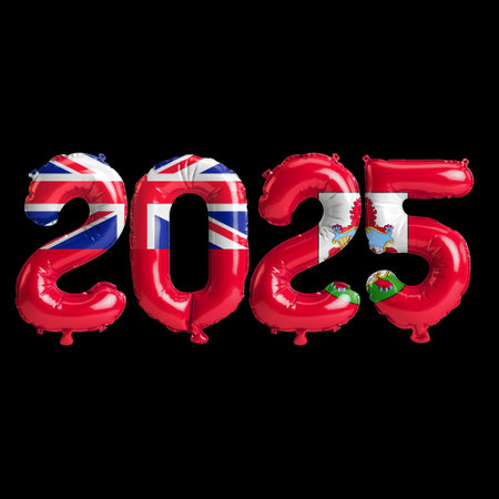 3D illustration of new year 2025 balloons on Bermuda flag color, isolated on black background