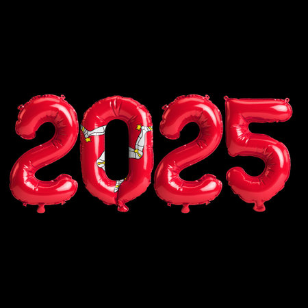 3D illustration of new year 2025 balloons on Isle of Mann flag color, isolated on black background