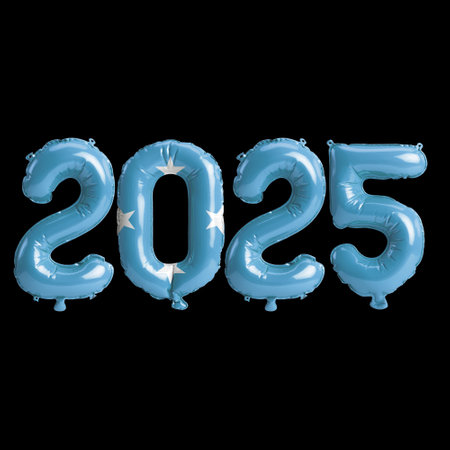 3D illustration of new year 2025 balloons on Federated States of Micronesia flag color, isolated on...