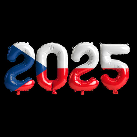 3D illustration of new year 2025 balloons on Czech Republic flag color, isolated on black background