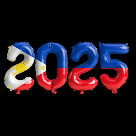 3D illustration of new year 2025 balloons on Philippines flag color, isolated on black background