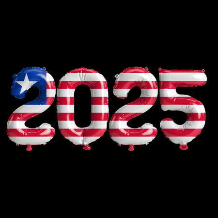 3D illustration of new year 2025 balloons on Liberia flag color, isolated on black background