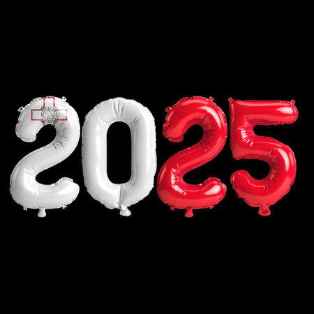 3D illustration of new year 2025 balloons on Malta flag color, isolated on black background