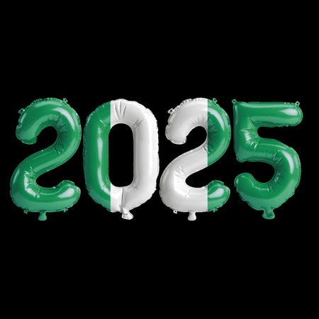 3D illustration of new year 2025 balloons on Nigeria flag color, isolated on black background