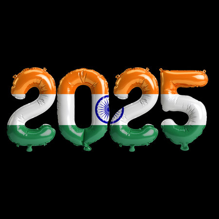 3D illustration of new year 2025 balloons on India flag color, isolated on black background