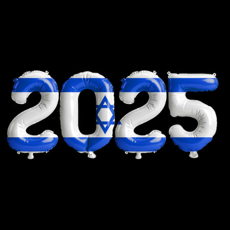 3D illustration of new year 2025 balloons on Israel flag color, isolated on black background