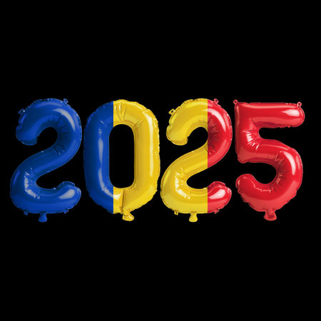 3D illustration of new year 2025 balloons on Romania flag color, isolated on black background
