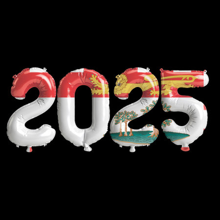 3D illustration of new year 2025 balloons on Prince Edward Island flag color, isolated on black...