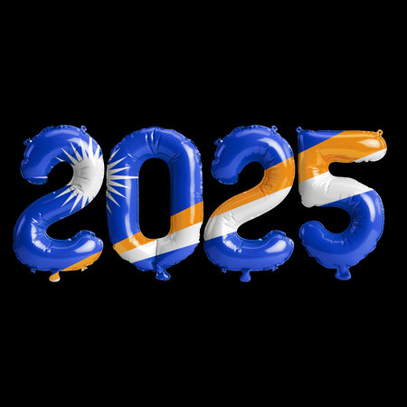 3D illustration of new year 2025 balloons on Marshall Islands flag color, isolated on black...