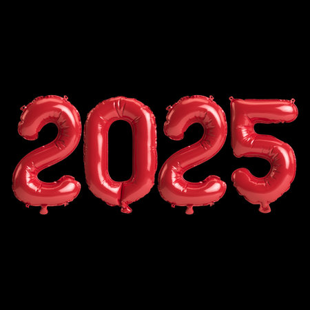 3D illustration of new year 2025 balloons on Red color, isolated on black background