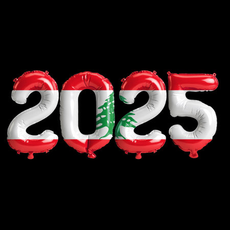3D illustration of new year 2025 balloons on Lebanon flag color, isolated on black background