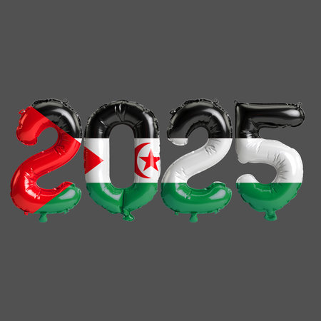 3D illustration of new year 2025 balloons on Sahrawi Arab Democratic Republic flag color, isolated...