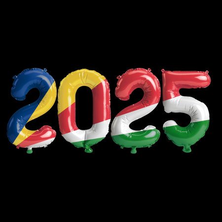 3D illustration of new year 2025 balloons on Seychelles flag color, isolated on black background