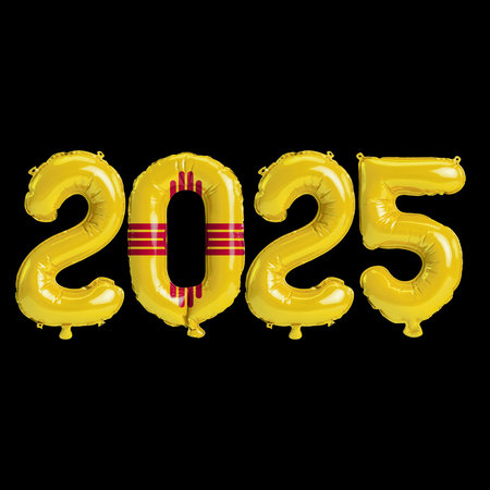 3D illustration of New Year 2025 balloons on the US state flag of New Mexico, isolated on a black...