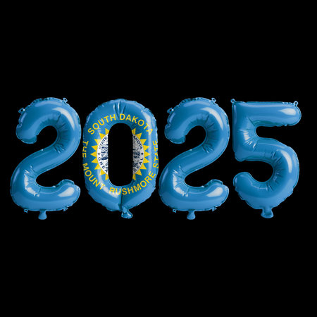 3D illustration of New Year 2025 balloons on the US state flag of South Dakota, isolated on a black...