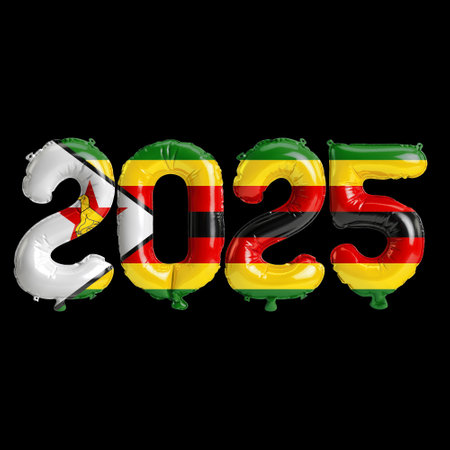 3D illustration of new year 2025 balloons on Zimbabwe flag color, isolated on black background