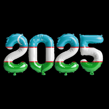3D illustration of new year 2025 balloons on Uzbekistan flag color, isolated on black backgroundの写真素材