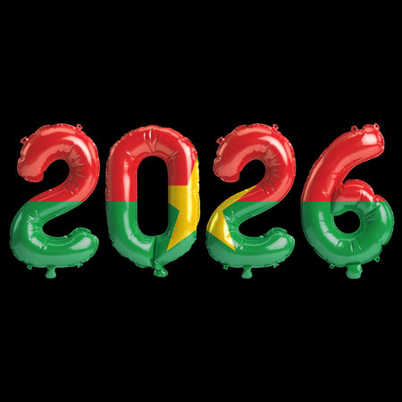 Burkina Faso flag colors 2026 3d illustration, balloon numbers 3d rendering on black background...
