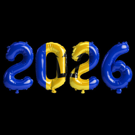 Barbados flag colors 2026 3d illustration, balloon numbers 3d rendering on black background premium