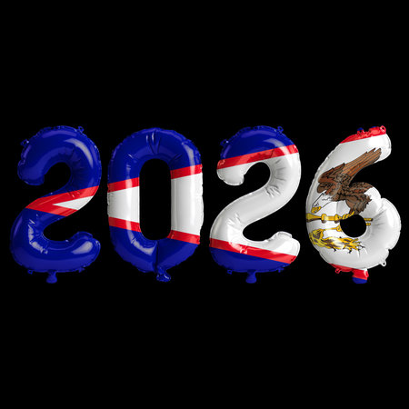 American Samoa flag colors 2026 3d illustration, balloon numbers 3d rendering on black background
