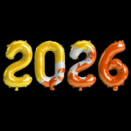 Bhutan flag colors 2026 3d illustration, balloon numbers 3d rendering on black background premiumの写真素材
