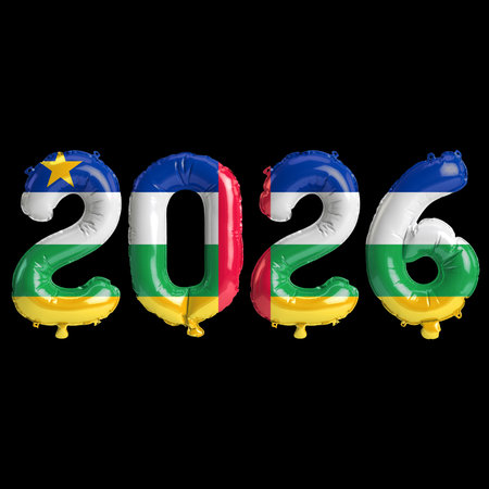 Central African Republic flag colors 2026 3d illustration, balloon numbers 3d rendering on black...
