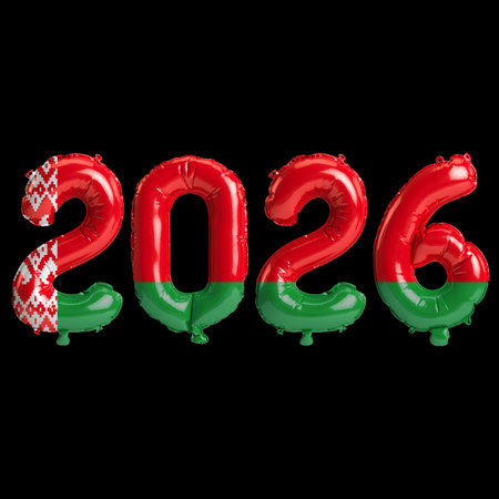 Belarus flag colors 2026 3d illustration, balloon numbers 3d rendering on black background premiumの写真素材