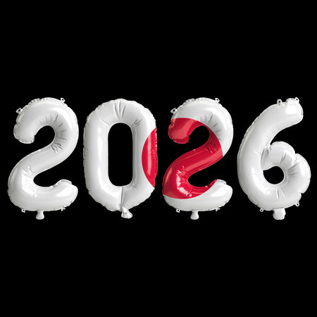 Japan flag colors 2026 3d illustration, balloon numbers 3d rendering on black background premiumの写真素材