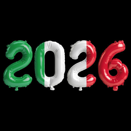 Italy flag colors 2026 3d illustration, balloon numbers 3d rendering on black background premium