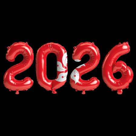 Hong Kong flag colors 2026 3d illustration, balloon numbers 3d rendering on black background premiumの写真素材