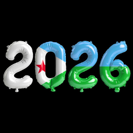 Djibouti flag colors 2026 3d illustration, balloon numbers 3d rendering on black background premium