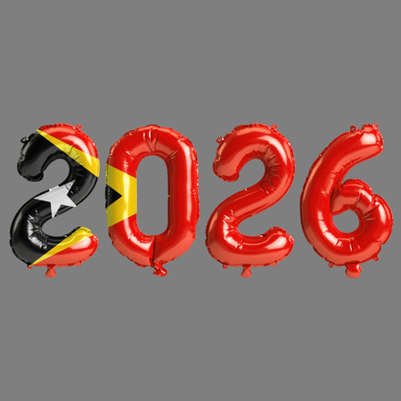 East Timor flag colors 2026 3d illustration, balloon numbers 3d rendering on gray background premium