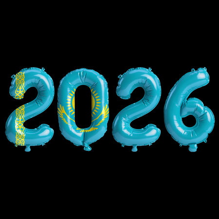 Kazakhstan flag colors 2026 3d illustration, balloon numbers 3d rendering on black backgroundの写真素材