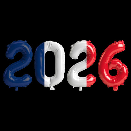 France flag colors 2026 3d illustration, balloon numbers 3d rendering on black background premiumの写真素材