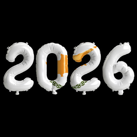 Cyprus flag colors 2026 3d illustration, balloon numbers 3d rendering on black background premiumの写真素材