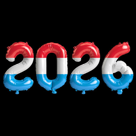 Luxembourg flag colors 2026 3d illustration, balloon numbers 3d rendering on black background...