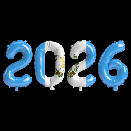 Guatemala flag colors 2026 3d illustration, balloon numbers 3d rendering on black background premium