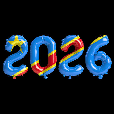 Democratic Republic of the Congo flag colors 2026 3d illustration, balloon numbers 3d rendering on...