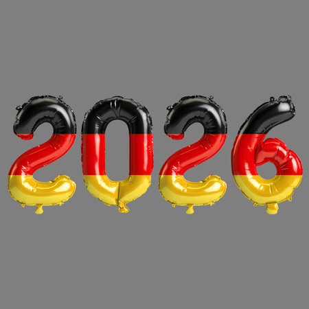 Germany flag colors 2026 3d illustration, balloon numbers 3d rendering on gray background premium