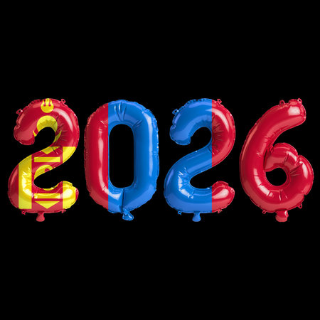Mongolia flag colors 2026 3d illustration, balloon numbers 3d rendering on black background premiumの写真素材